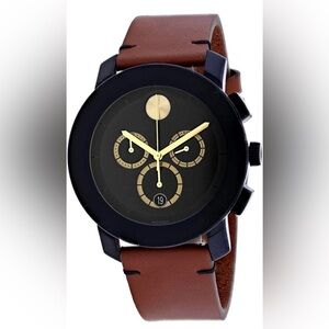 New Movado Bold Men’s 43mm TR90 Chronograph Black Dial Brown Strap 3600540